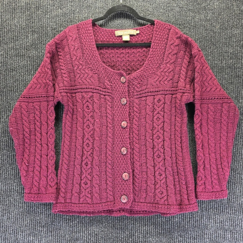 Inis Crafts Merino Wool Chunky Cable Knit Cardigan Sweater Size Large Ireland